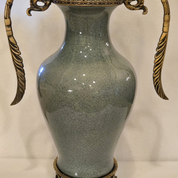 Antique Style Celadon Crackle Vase Ormolu Bronze Handles Base French Rococo 17” - Picture 3 of 11
